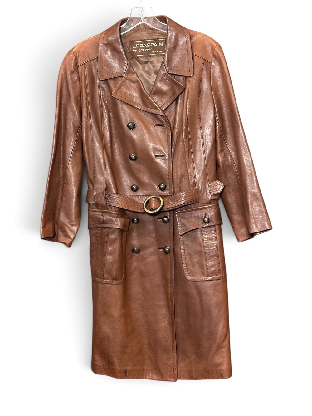 Leda Spain Gropper Long soft Leather Coat Brown size 12 Vintage Belted 60's 70's